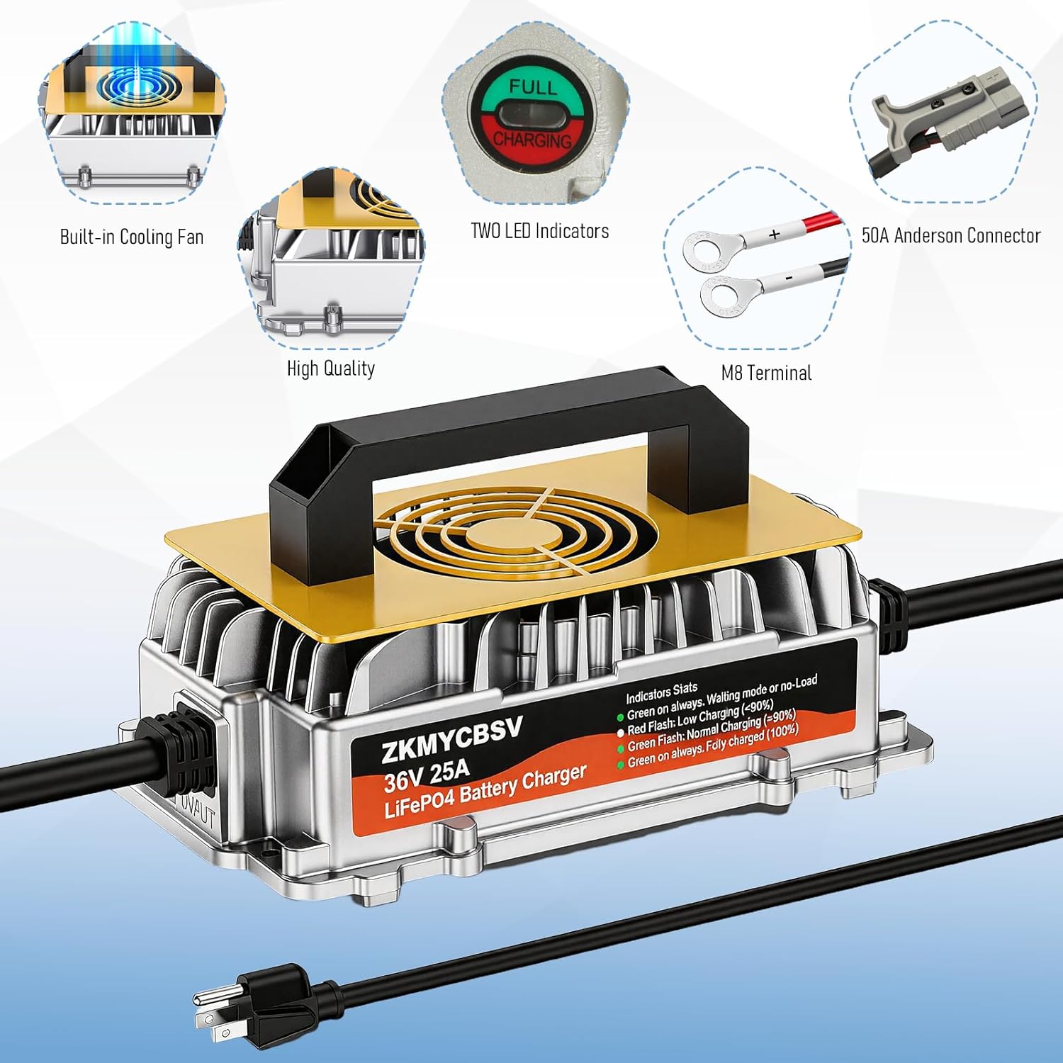 36V 25A Lithium Battery Charger, 36V LiFePO4 Charger for for 36 Volt/43.8V LiFePO4 Battery, 900W 43.8V Fast Charging for Golf Cart, 36V Charger for Golf Cart, Trolling Motor, Forklift LiFePO4 Battery