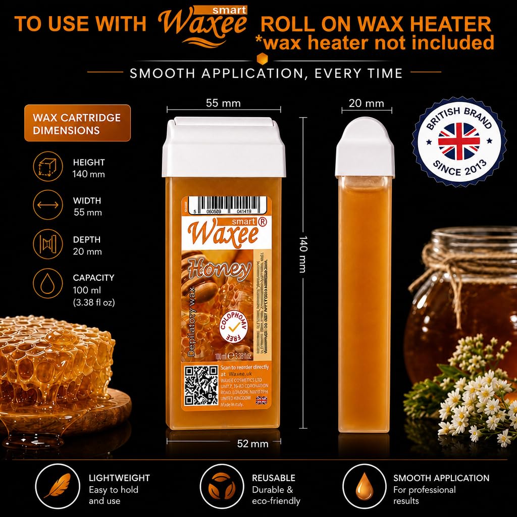 Waxee Roll On Wachskartusche, 100 ml, natürliches Honigwachs - Kolophoniumfrei - Körperwachs - Haarentfernungsbehandlung zu Hause - Empfindliche Haut - Unisex