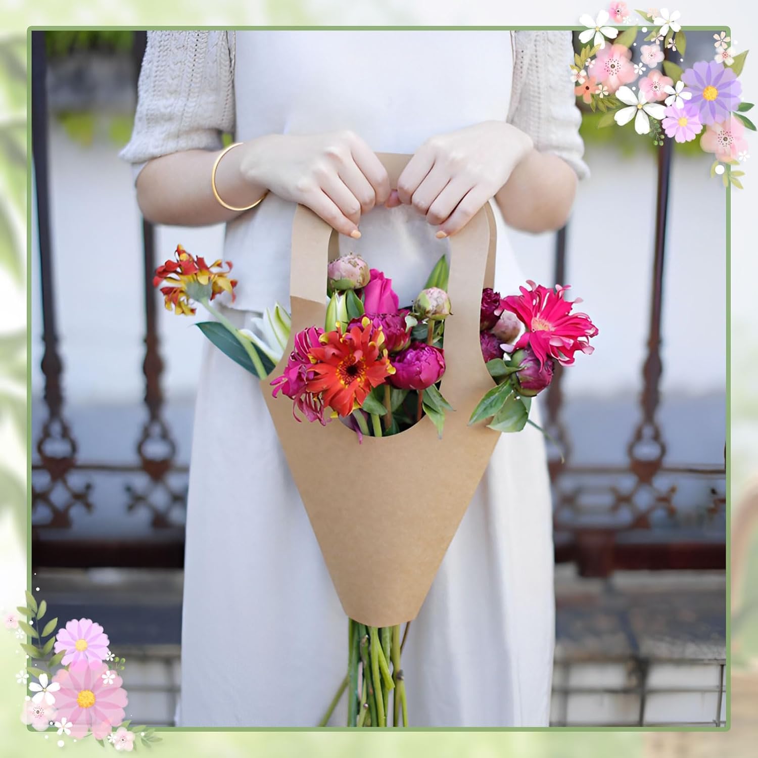 50 pc Kraft Paper Flower Bags with Handles Cones & Brown Bouquets - Shears, Thorn Remover, Floral Tape & Lace Ribbon (13.78Inches)