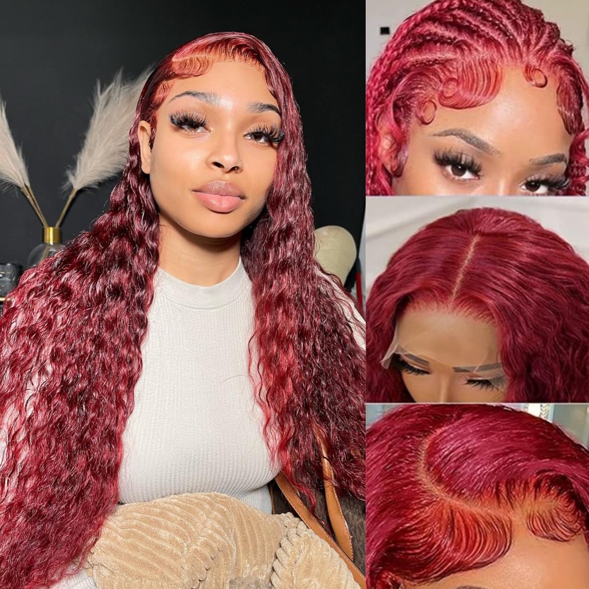 Haaraufsätze Pelucas de Cabello Humano con Ondas Profundas Color Burdeos, 13x4, 99J, Encaje Frontal, brasileñas, al Agua(22inches)
