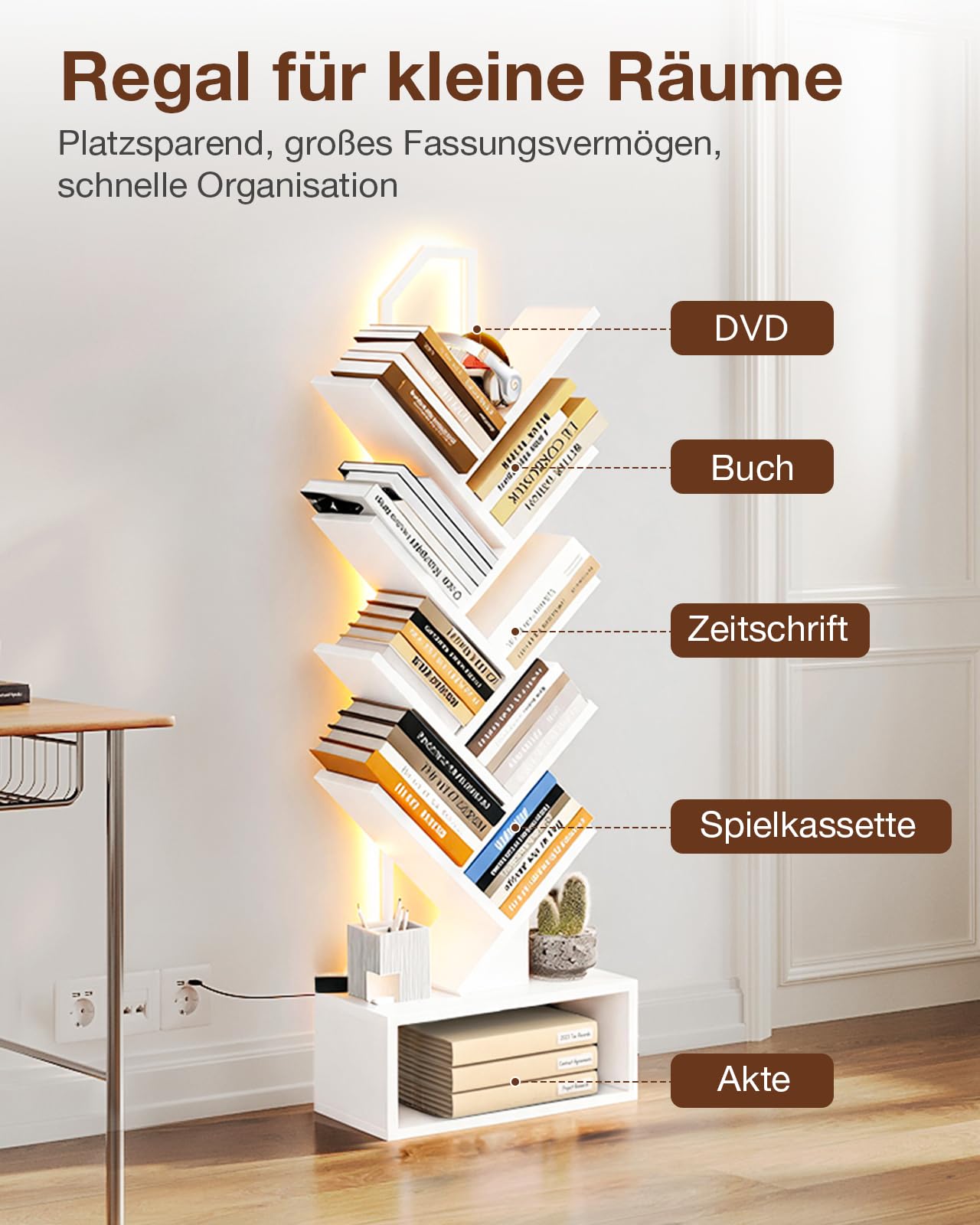 Coleshome Bücherregal im Baumform mit LED-Beleuchtung, Standregal mit 8 Ebenen, Holz Bücherregal für Wohnzimmer & Schlafzimmer, Weiß