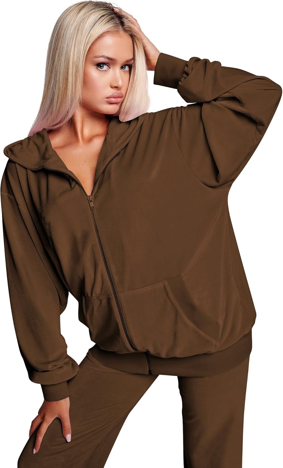 Womens 2 Piece Solid Velour Tracksuits Two Piece Velvet Lounge Outfits for Women, Long Sleeve Hoodie Tops Sweatsuits Casual Zip-Up Jacket Workout Pants Matching Set with Pockets, Sports Jogging Sets - Image 3