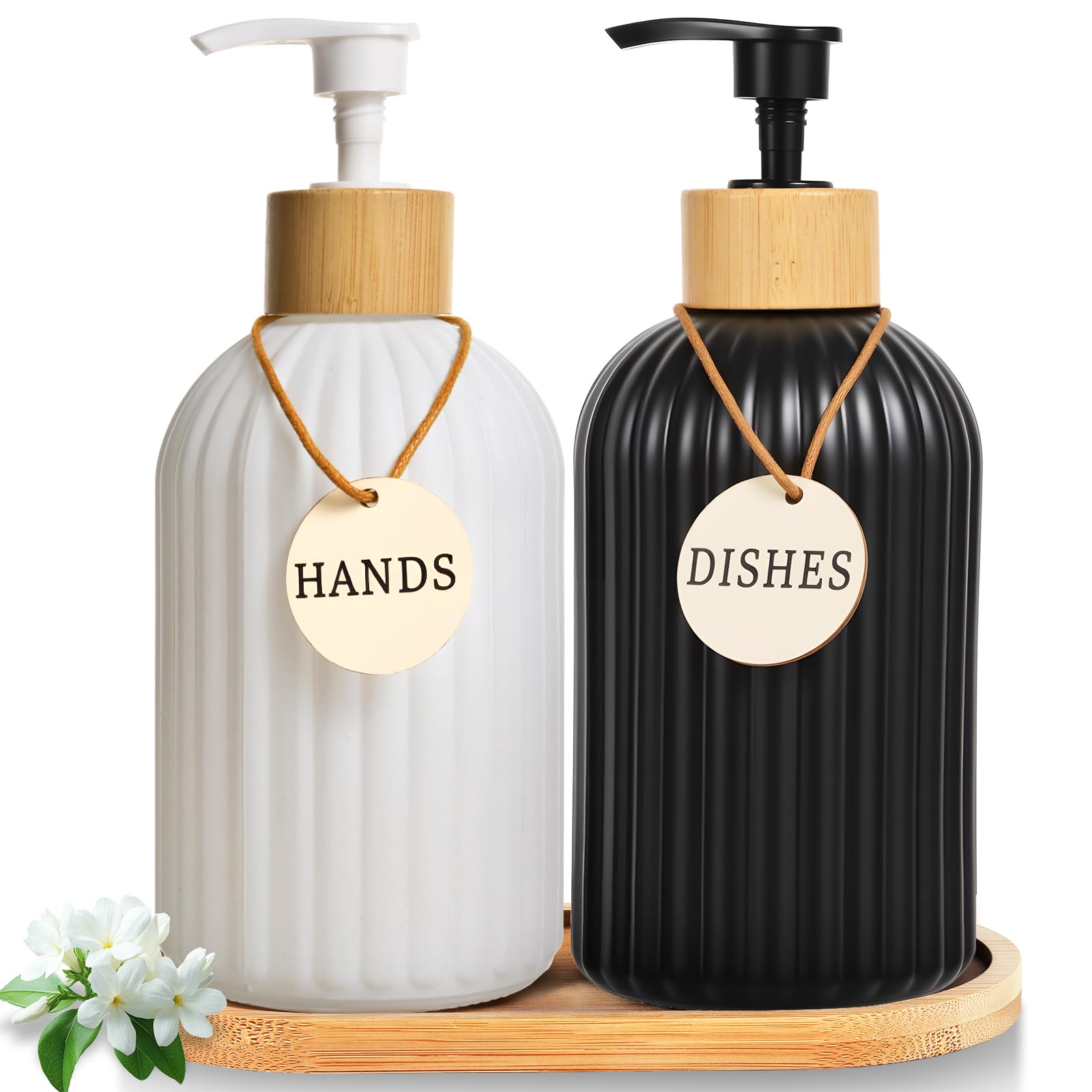 Dispenser di sapone per le mani in vetro con pompa in bambù, elegante dispenser di sapone liquido ricaricabile con vassoio, perfetto per cucina e bagno