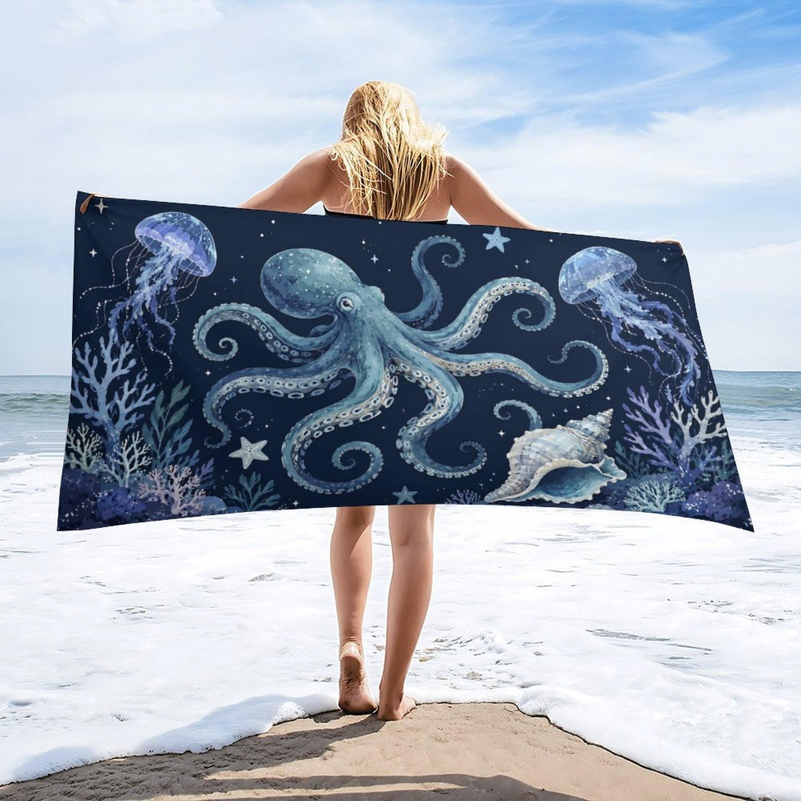 Anceky Ocean Octopus Jellyfish Coral Starfish Shell Beach Towel 32"×63",Soft Microfiber Bath Towel Shawl, Quick Dry Absorbent Pool Spa Gym Shower Towel