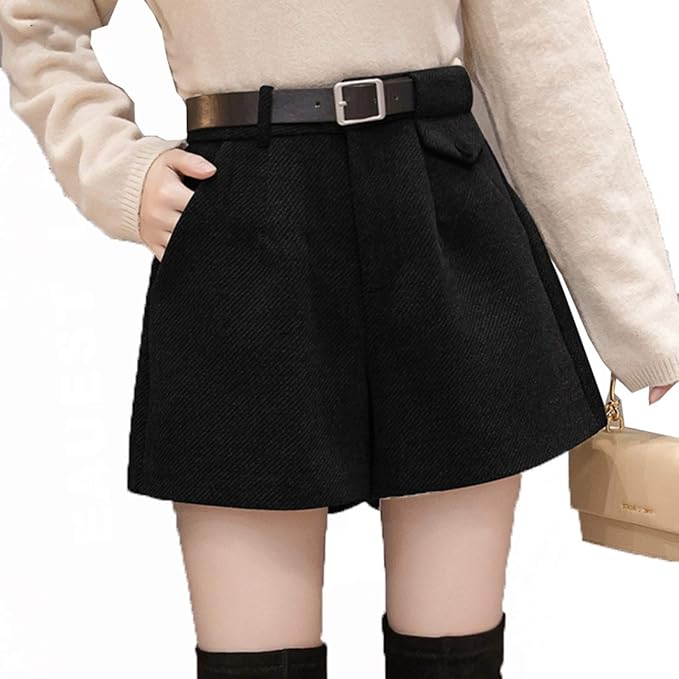 Amazon 短パン ハイウエスト ショートパンツ 黒 冬 厚手 ブラック 防寒 暖かい レディース ゆったり ボタン ショートパンツ おしゃれ 美脚効果 足長効果 ポケット付き 通勤 通学 シンプル 短パン Aライン ショートパンツ S ショートパンツ 通販