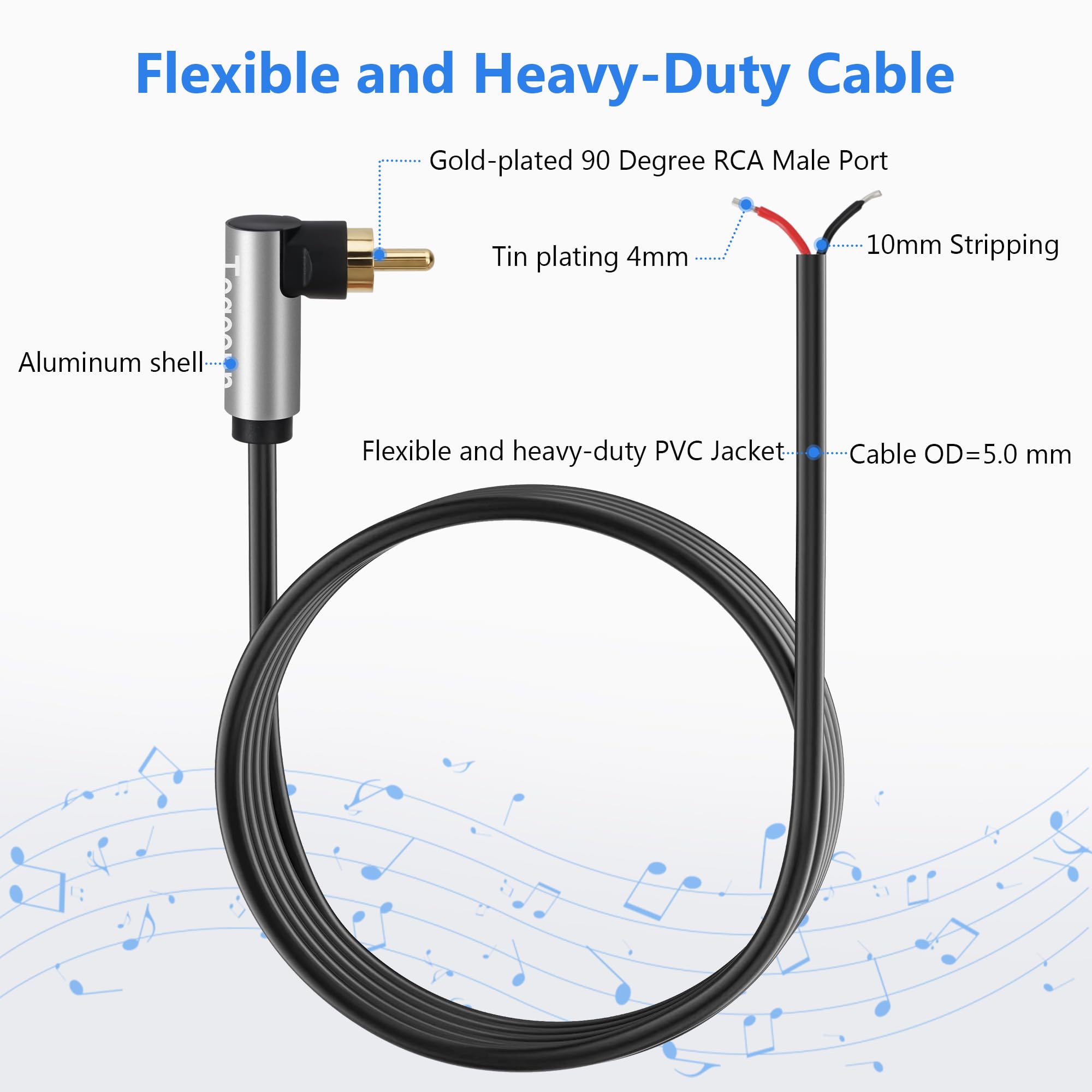 Cavo per altoparlanti da RCA a 90 gradi a filo nudo (confezione da 2 20 AWG, 3 m), adattatore di ricambio per connettore jack maschio RCA a estremità aperta, maschio RCA per riparare cavi degli