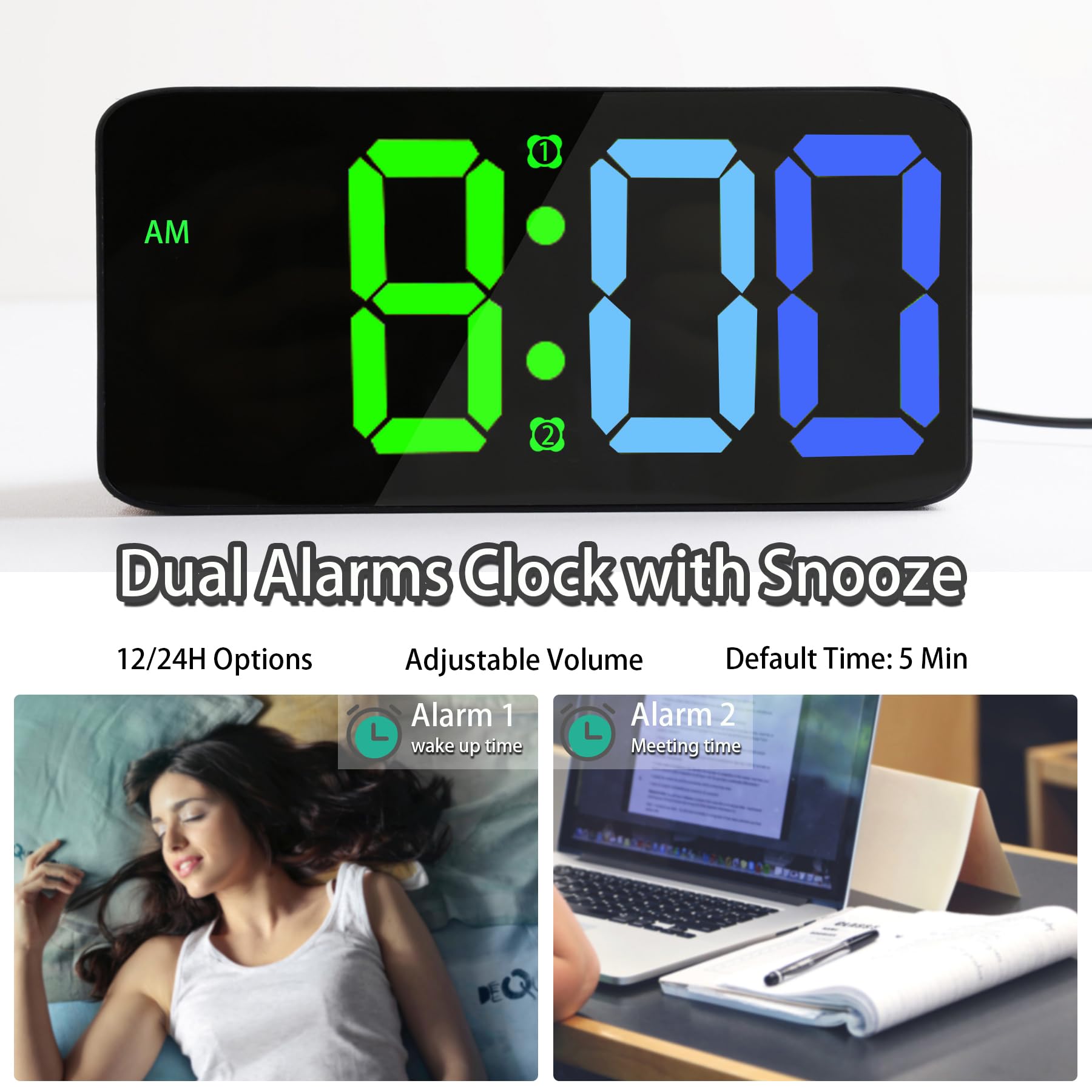 Réveil Numérique Pour Chambre, écran Miroir LED 7, 2 Niveaux De Luminosite Format 1224 Heures Temperature Date Veilleuse Repetition Dalarme Alimentation Usb Fonction Memoire Vert 92274446