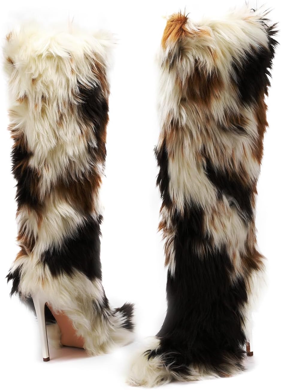 FancyQueen Faux Fur Boots for Women Knee High Furry Heel Boots Fashion Pointed Toe Snow Winter Boot Warm Women Boot - Image 7