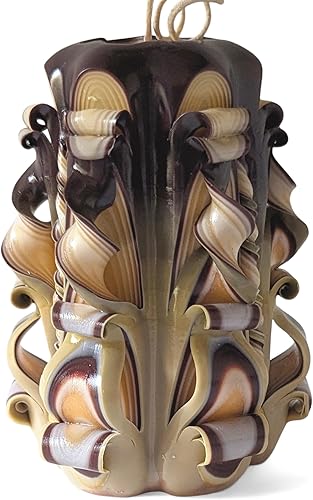 Pillar Candles - Coffee Table Decor - Beige Brown Hand Carved Candles 5" - Fireplace Mantel Decoration - Home Office Living Room Decor - Handmade