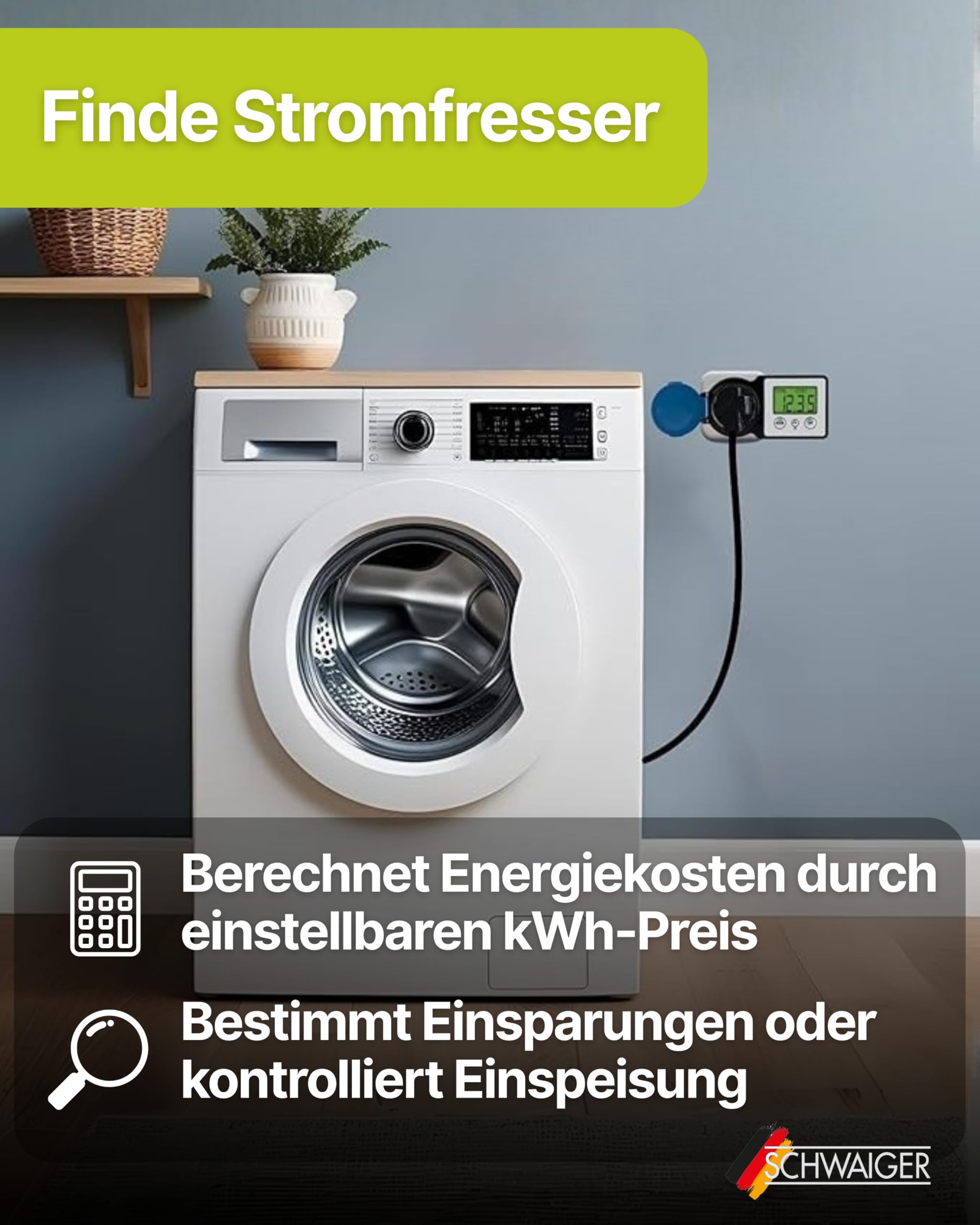 SCHWAIGER Energiekostenmessgerät & Einspeisemessgerät I Outdoor geeignet & beleuchtet I Stromzähler für die Steckdose I Strommessgerät zur Ermittlung des Stromverbrauchs & der Einspeisung