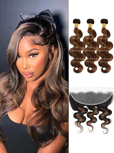 ANMETAN FB30 Brown Highlight Human Hair Bundles with Frontal 22