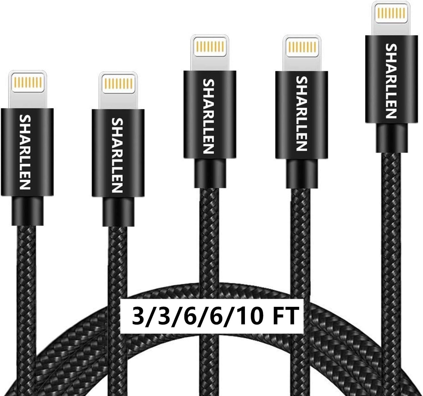 SHARLLEN Durable Suitable iPhone Charger Cable, 5 Pack 3FT/6FT/10FT Nylon Braided USB Fast Long Cords Lightning Cable Phone Chaging Cable Compatible with Phone XS/Max/X/XR/8/7/6s/6/5/iPad/iPod Black