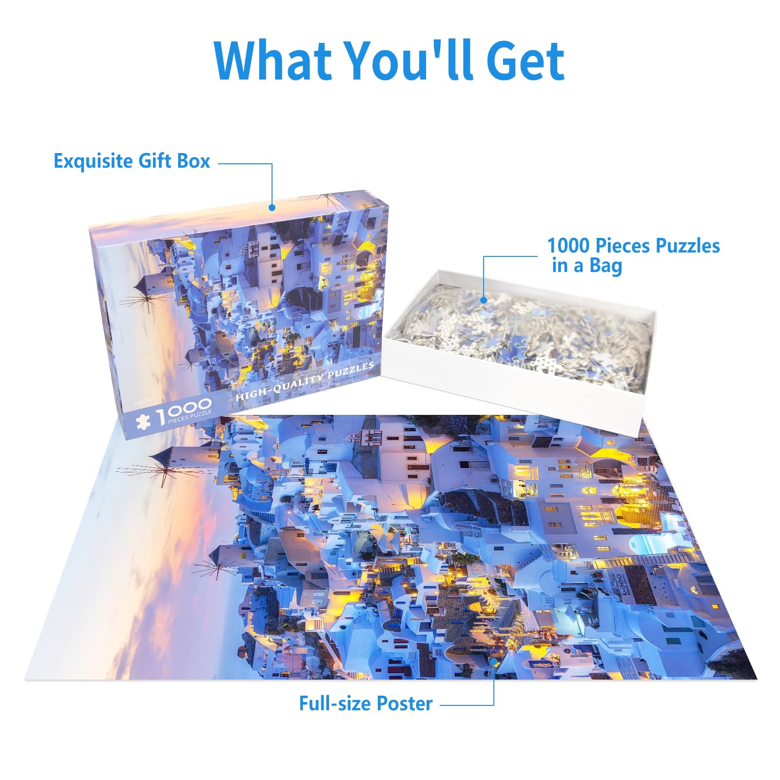 1000 Pieces Jigsaw Puzzles for Adults-Santorini Landscape Puzzles for Adults 1000 Pieces Skyline Sunset Jigsaw Puzzles 1000 Pieces Greece Buildings Puzzle 1000-Piece Scenery - Image 3