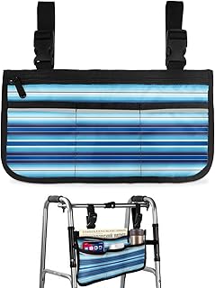 Blue Mexican Striped Wheelchair Side Bag Walker Bag, Abstract Art Tribe Ethnic Wheelchair Accessories Armrest Pouch, Organizer Storage Bag for Walkers, Rollators, Scooters, 7.3'x13'