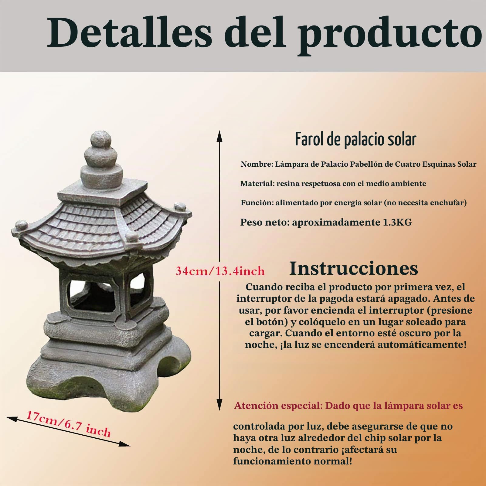 Estilo japonés al aire libre Tachi-Gata Solar Zen Jardín Luces Linterna Pagoda Luz Solar Piso Jardín Lámpara de resina impermeable Estatua Granja Balcón Lámpara de decoración creativa,17*34cm