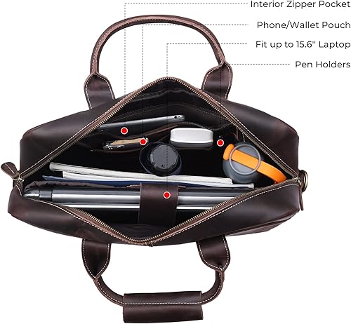 Miniatura 8 de Maletín de cuero genuino para hombre, maletín de cuero de grano completo de 16 pulgadas, bolsa de mensajero con cremalleras de metal YKK (versión
