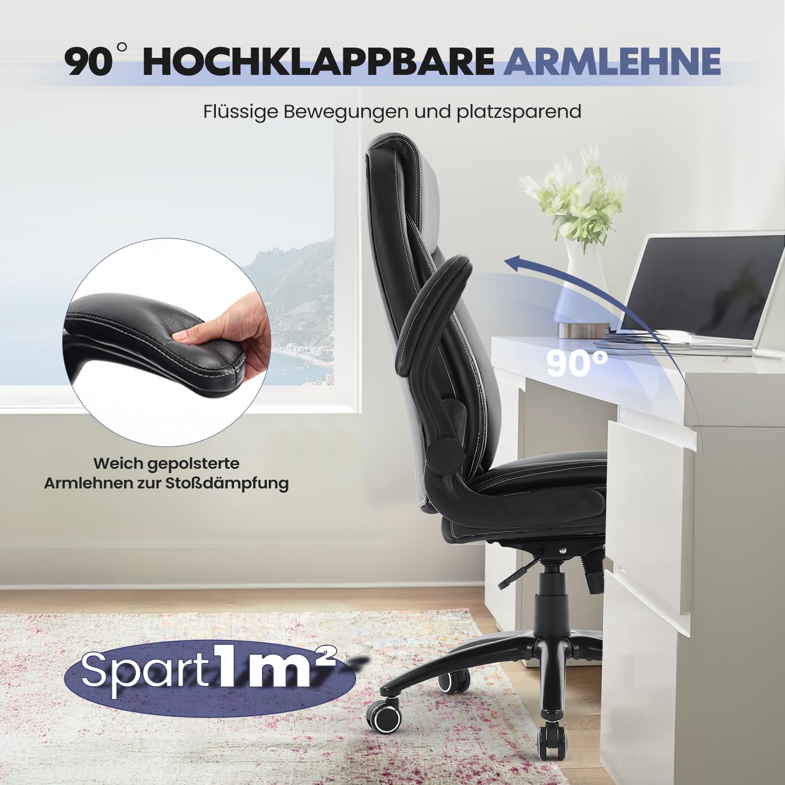 COLAMY Ergonomischer Bürostuhl, Office Bürostuhl Ergonomisch, 360° Drehung Chefsessel Schreibtischstuhl mit Hochklappbaren Armlehnen, Verstellbarer Rückenlehne, Höhe & Kippspannung, Schwarz