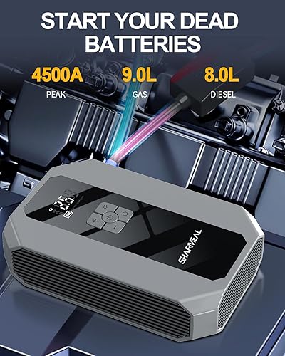 Miniatura 2 de Arrancador de salto con compresor de aire, batería de pico de 3500 A de 12 V con inflador digital de neumáticos de 150 PSI, motores de gasolina de