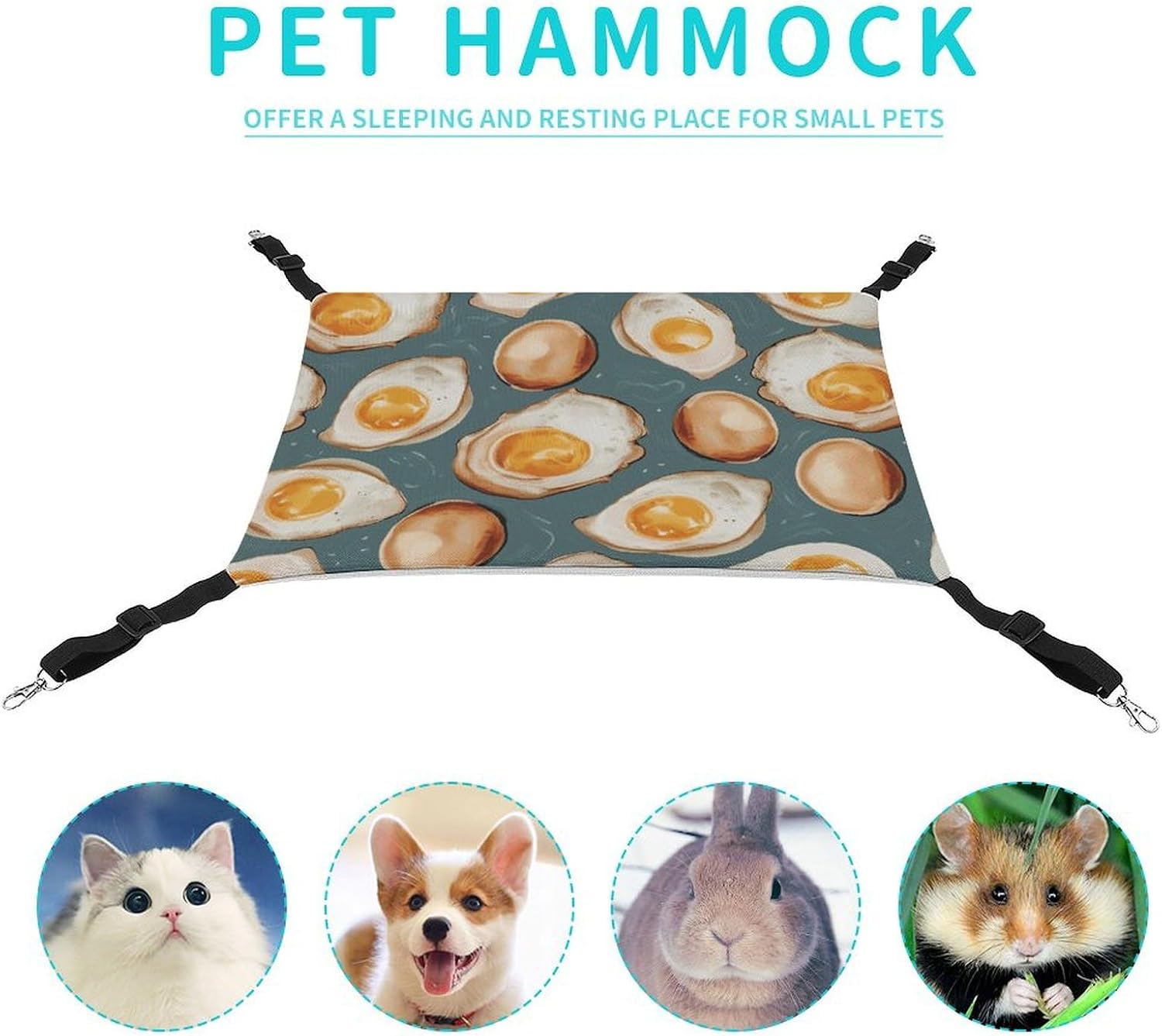 review Hanging Pet Hammock, Fried Eggs Photos Printed Soft Breathable Pet Hammock with Adjustable Straps and Metal Hooks for Cats Small Dogs Rabbits Sugar Gliders