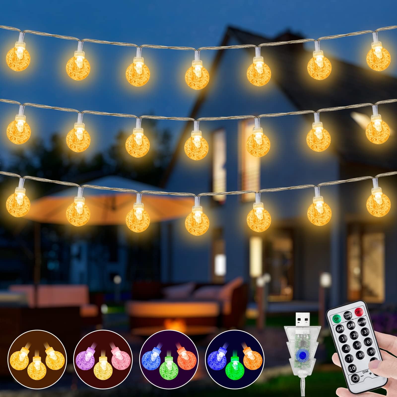 Ollny Garden Fairy Lights,15M 100 LED Lights Outdoor String Lights USB Powered with 11 Modes Remote, Waterproof Warm White Fairy Lights for Bedroom Indoor Decoration Patio/Garden/Wedding/Party [Energy Class A+++]