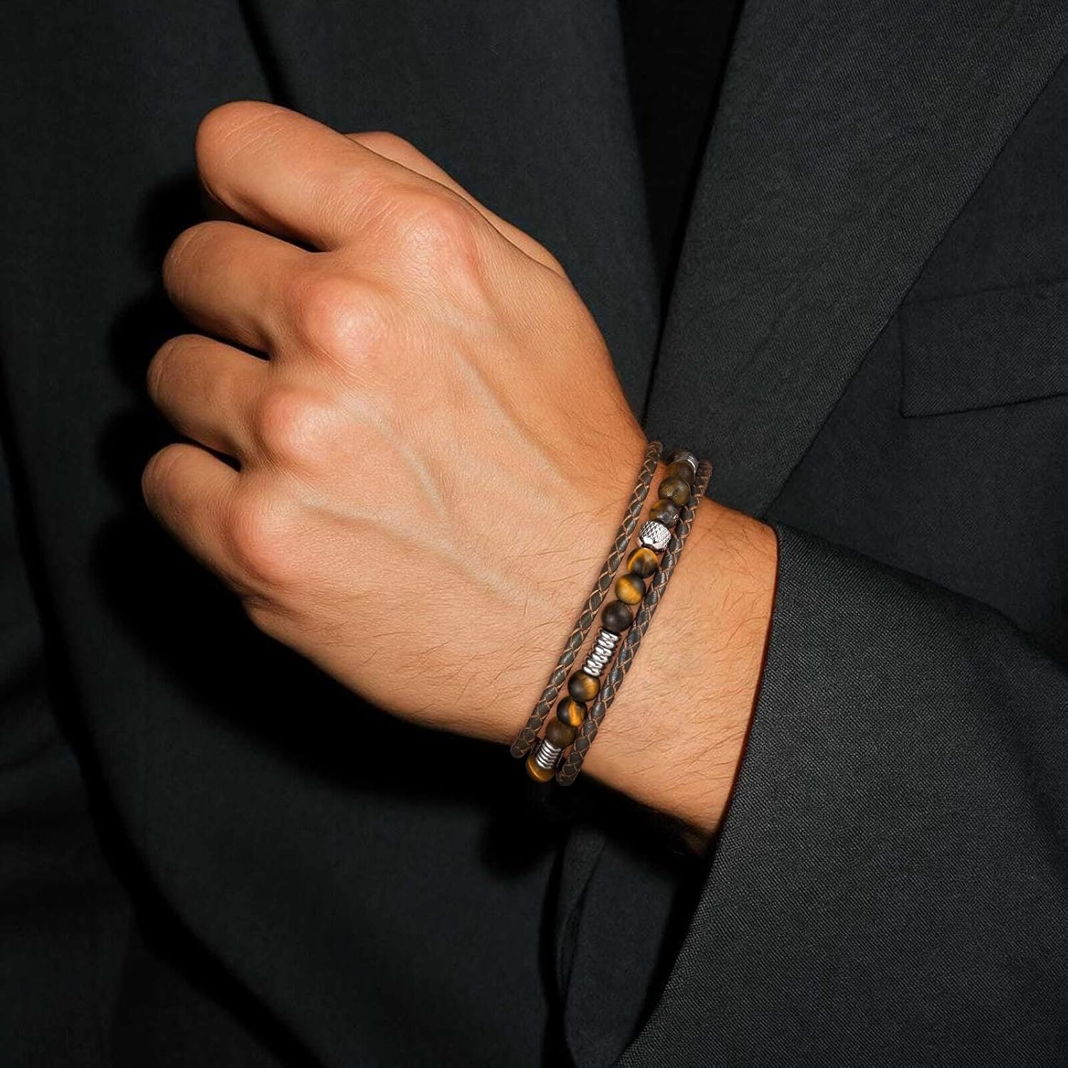 TRUMIUM Beaded Leather Bracelet for Men Women Braided Natural Tiger Eyes Men's Bracelets Brown Multi-Layer Jewelry for Him 7.5/8.3/9 Inch Length - Image 7