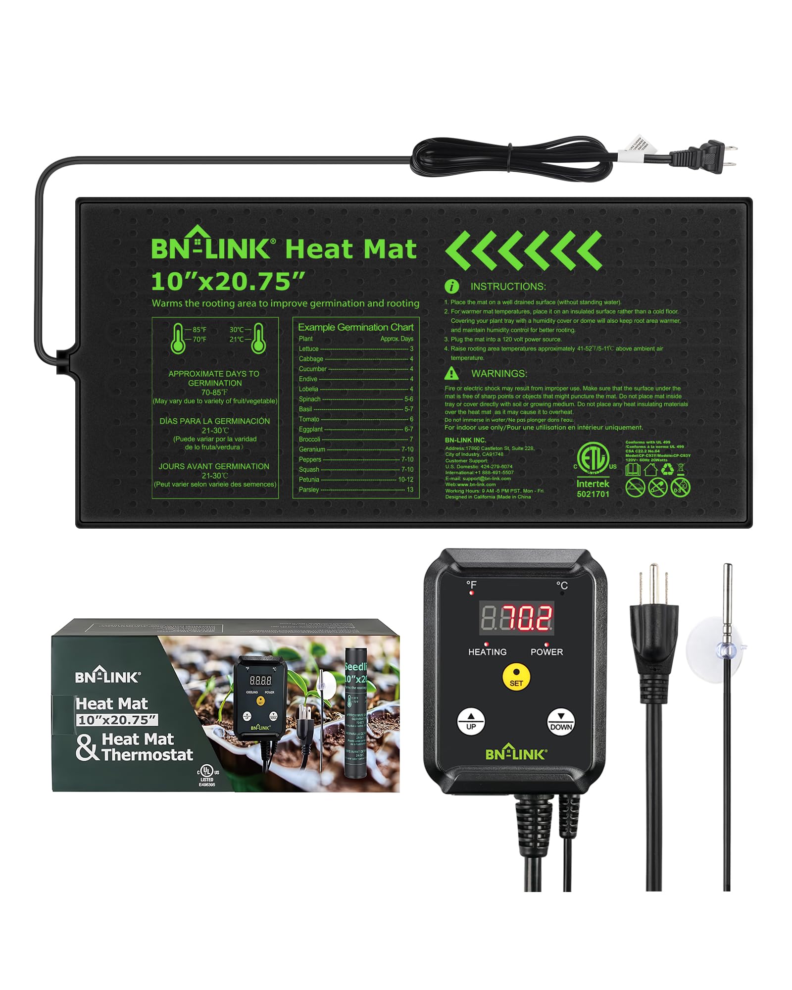 BN-LINK Seedling Heat Mat with Thermostat Controller Combo Set, 10" x 20.75" Plant Heating Mat for Seed Starting with Temperature Control for Indoor