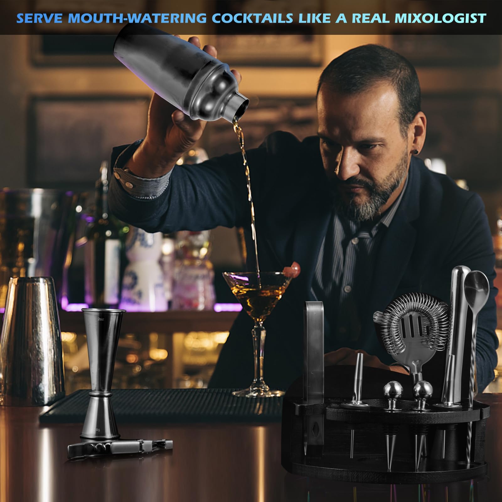 Safring Kit de barman con soporte, juego de bar de 12 piezas | Juego de coctelera de 24 onzas para mezclar bebidas, juego de coctelera de Martini con herramientas de bar, folleto de recetas |