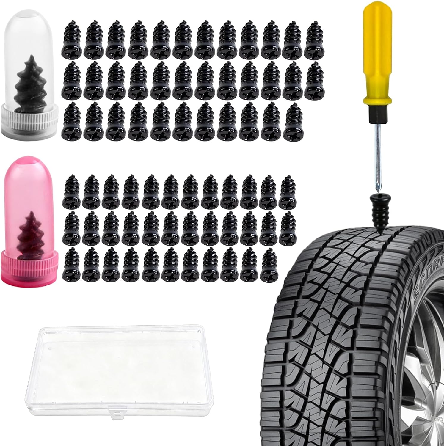 70PCS Tire Repair Rubber Nails Kit, Flat Tire Repair Rubber Screws, Vacuum Tire Rubber Screws, Self-Service Screw in Tire Plugs for Car, Motorcycle, Truck