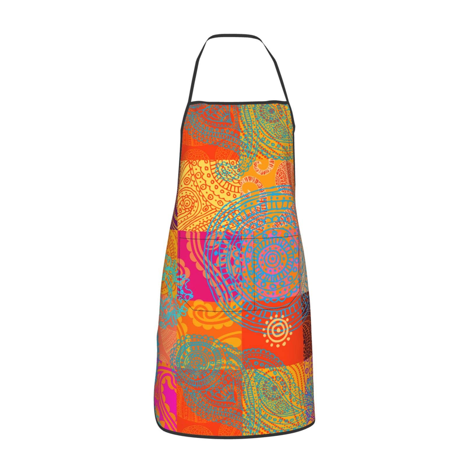 Fwjzdsp Women's As Pic Bright Orange Patchwork Floral Colourful Apron For Men With Pockets Kitchen Aprons For Chef Cooking Bbq Grill