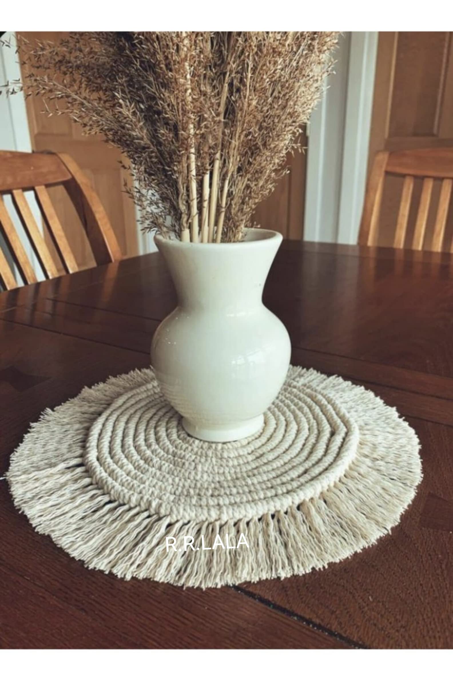 Macrame Handmade Cotton Round Placemat Coaster Perfect for Dining Table Coffee Table (35 cm Dia - 14 Inch, Pack of 1) Ivory Color