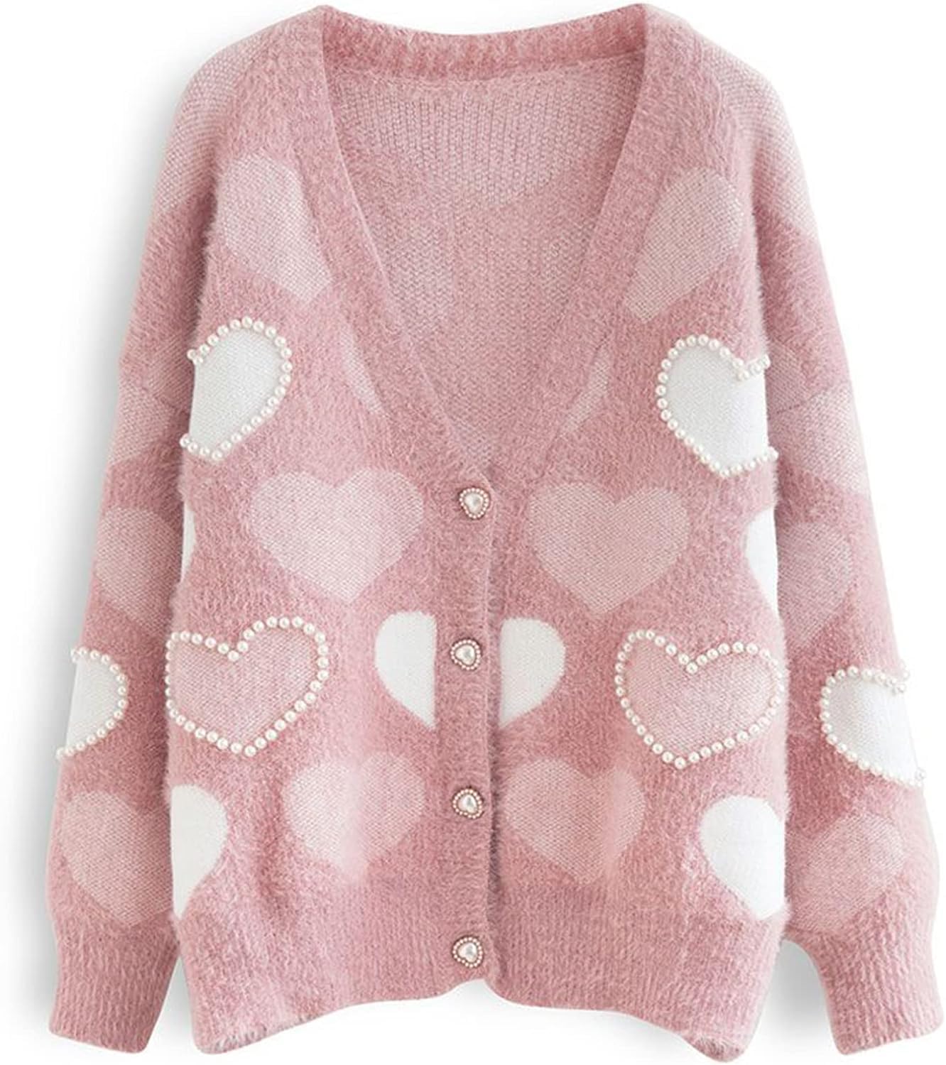 Womens Cute Heart Cardigan Sweaters Love Print Valentins Day Sweater Button Up Front Oversized Knit Top
