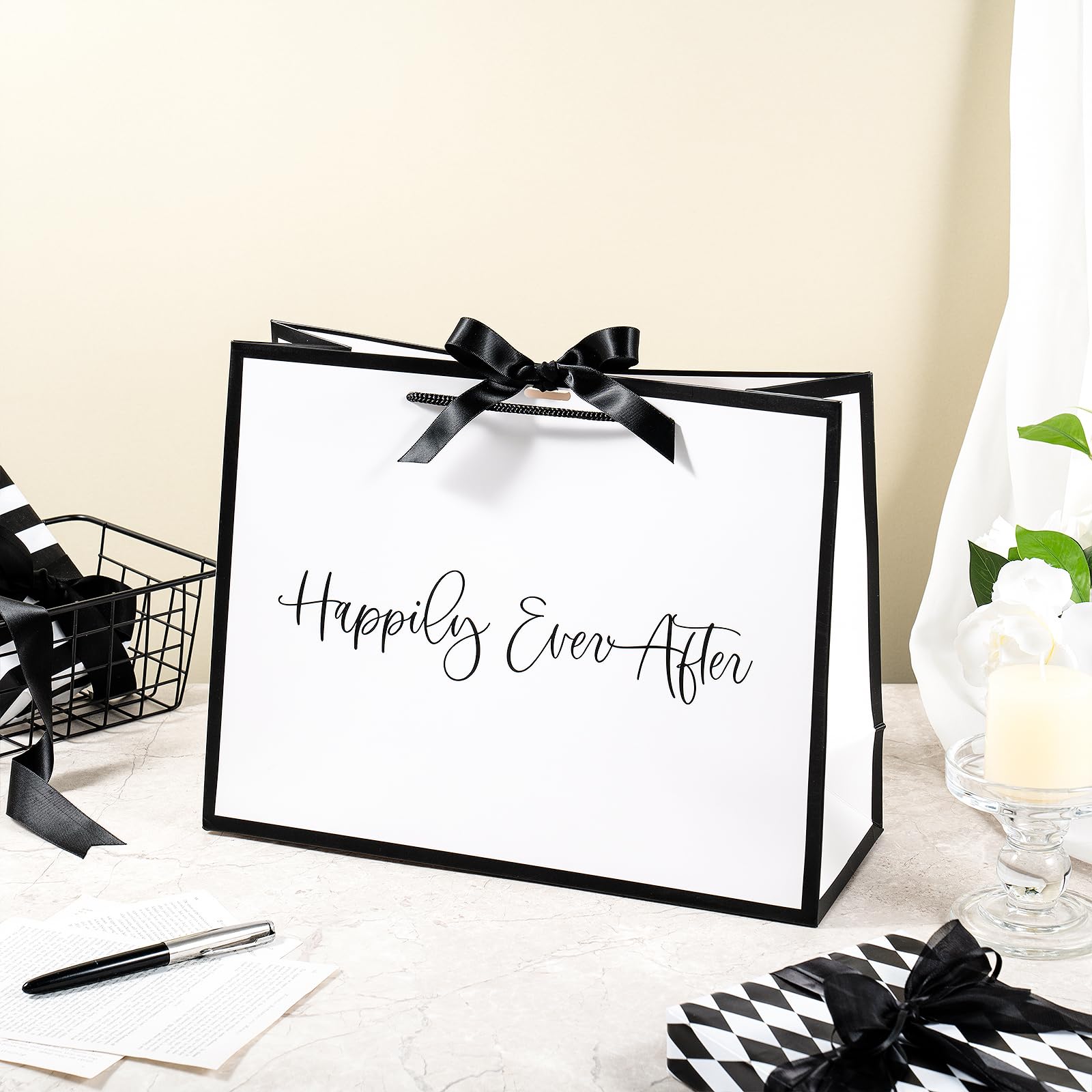 Loveinside 13" Large Wedding Gift Bag, White & Black Happily Ever After Elegant Script Design Party Bag with Bow Ribbon for Wedding, Bridal Shower, Engagement, Newlywed Gift, 13" x 5" x 10", 1 Pcs