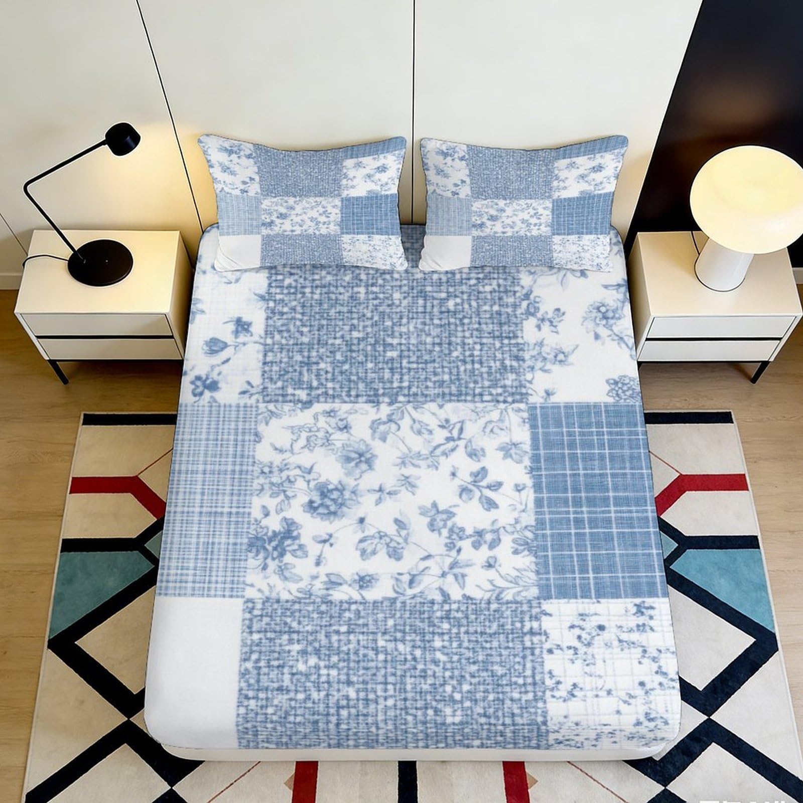 3D Printed Blue Patchwork Floral Fitted Sheet Microfiber Soft Breathable Geometric Plaid Bed Cover for Bedroom Guest Room Decor 90x200x25cm