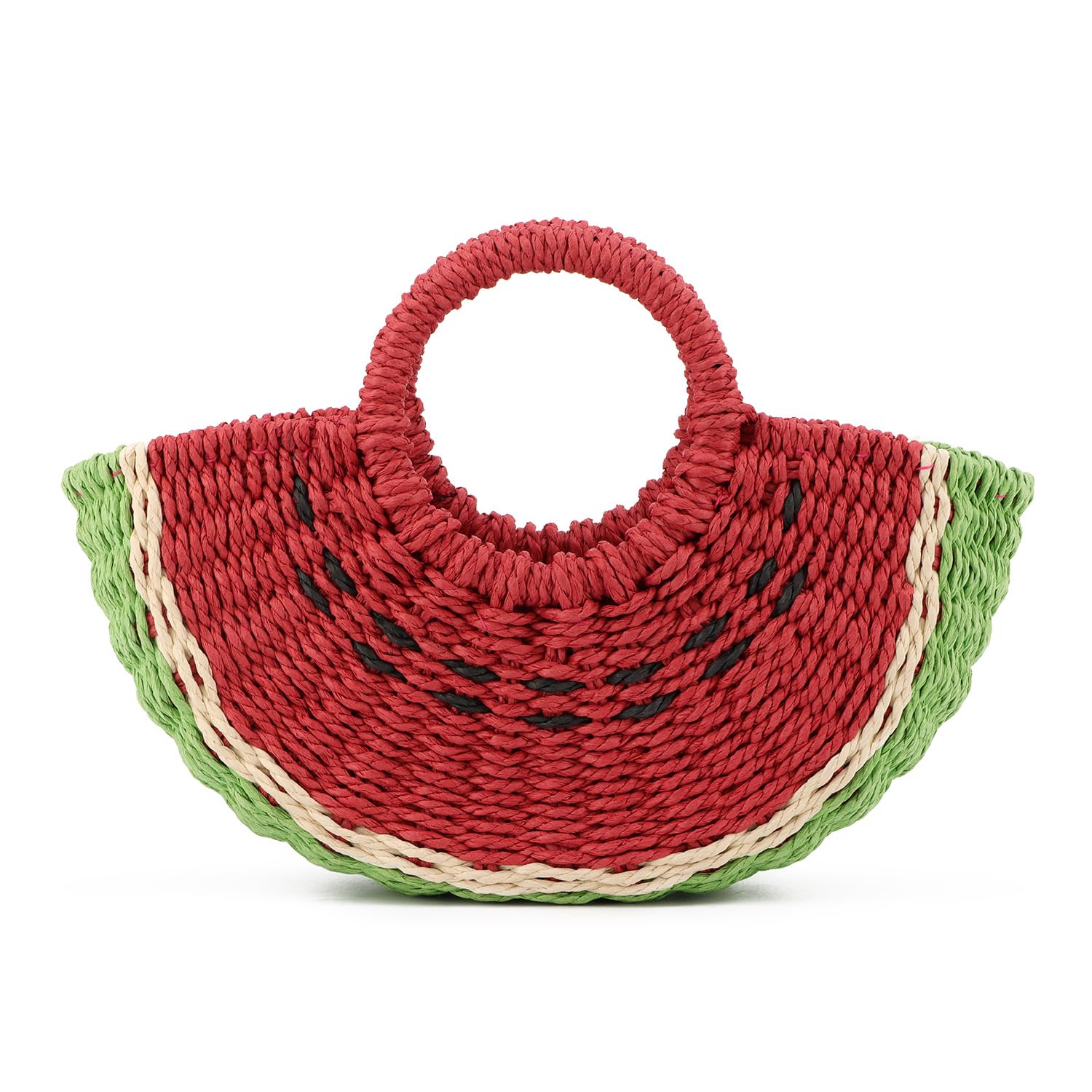 SUKUTU Bolsa de Paja de playa con Forma de Sandía para Mujer Bolsa Redonda Tejida a mano Asa de Verano