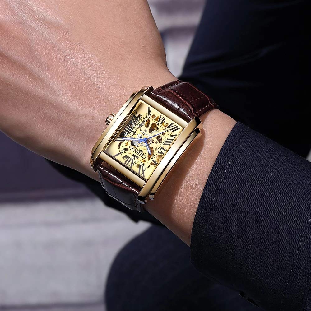 MASTOP Reloj de pulsera analógico para hombre, de piel, impermeable, con diseño de esqueleto Tourbillon