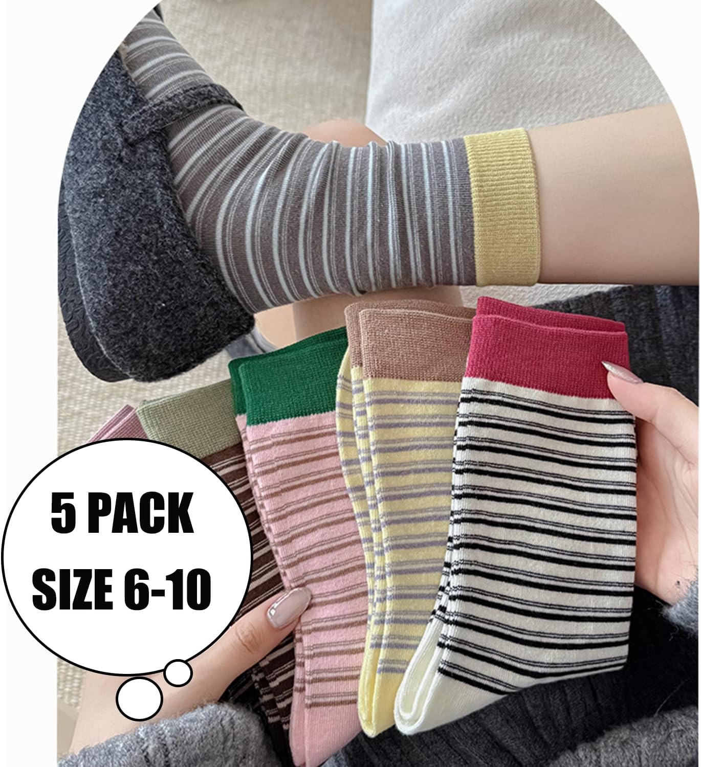 Retro Striped Crew Socks for Women, Casual Calf Socks Mid-calf Cotton Soft Cozy Breathable 5 Pairs