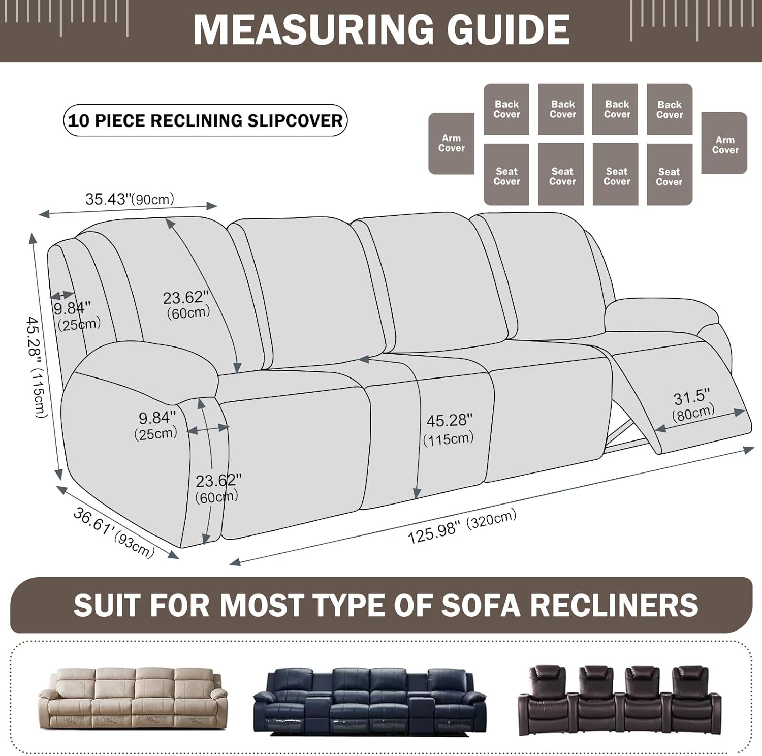 vctops Vintage Leather Look Stretch Recliner Sofa Covers 10-Pieces Water Resistant RV Furniture Covers Soft Reclining Couch Covers Non Slip Sofa Slipcover for Dogs Cats (Brown,4 Seater)