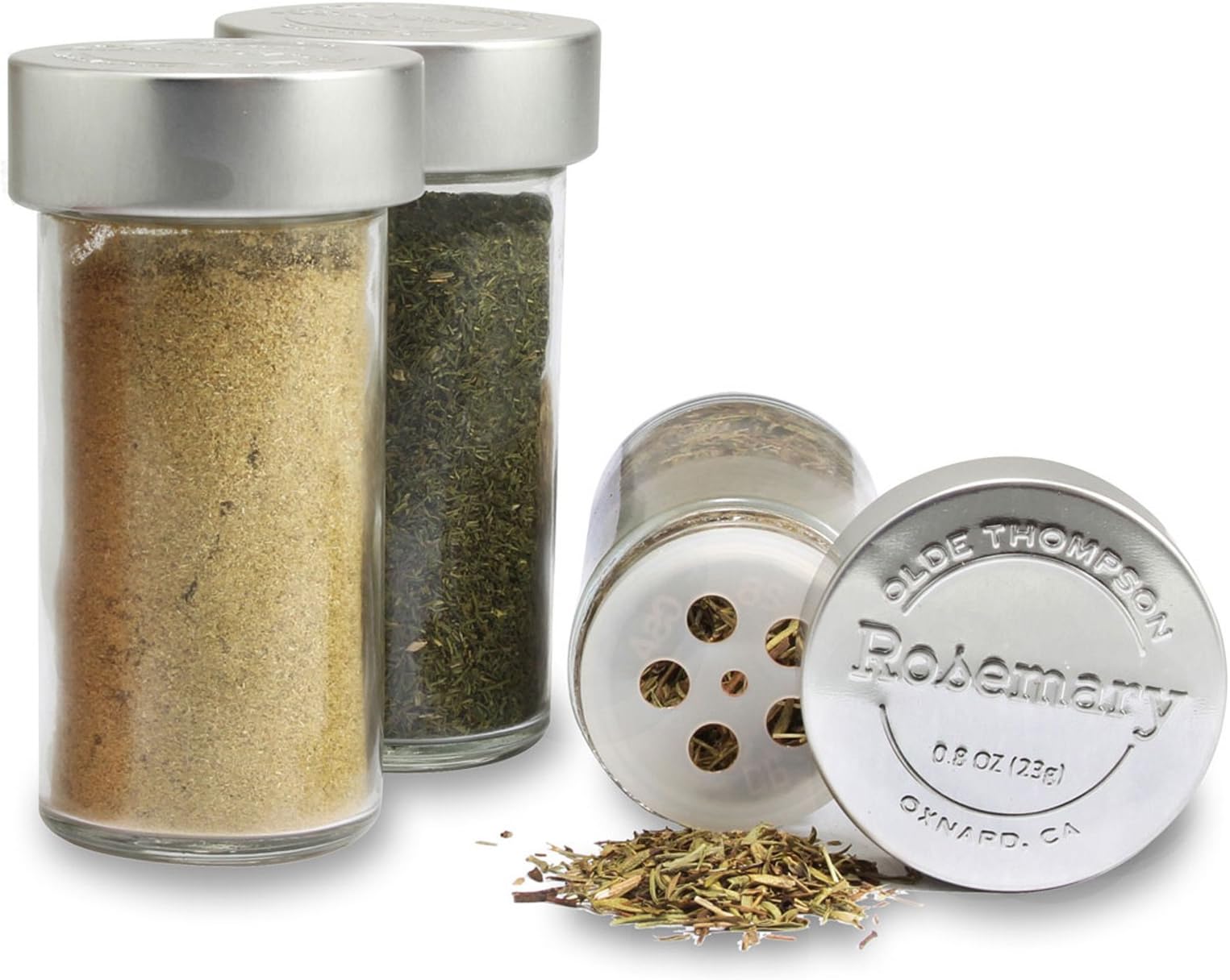 Olde Thompson 20 Embossed Metal Cap Spice Glass Jars and Stainless Steel Spice Jar Rack with Spices