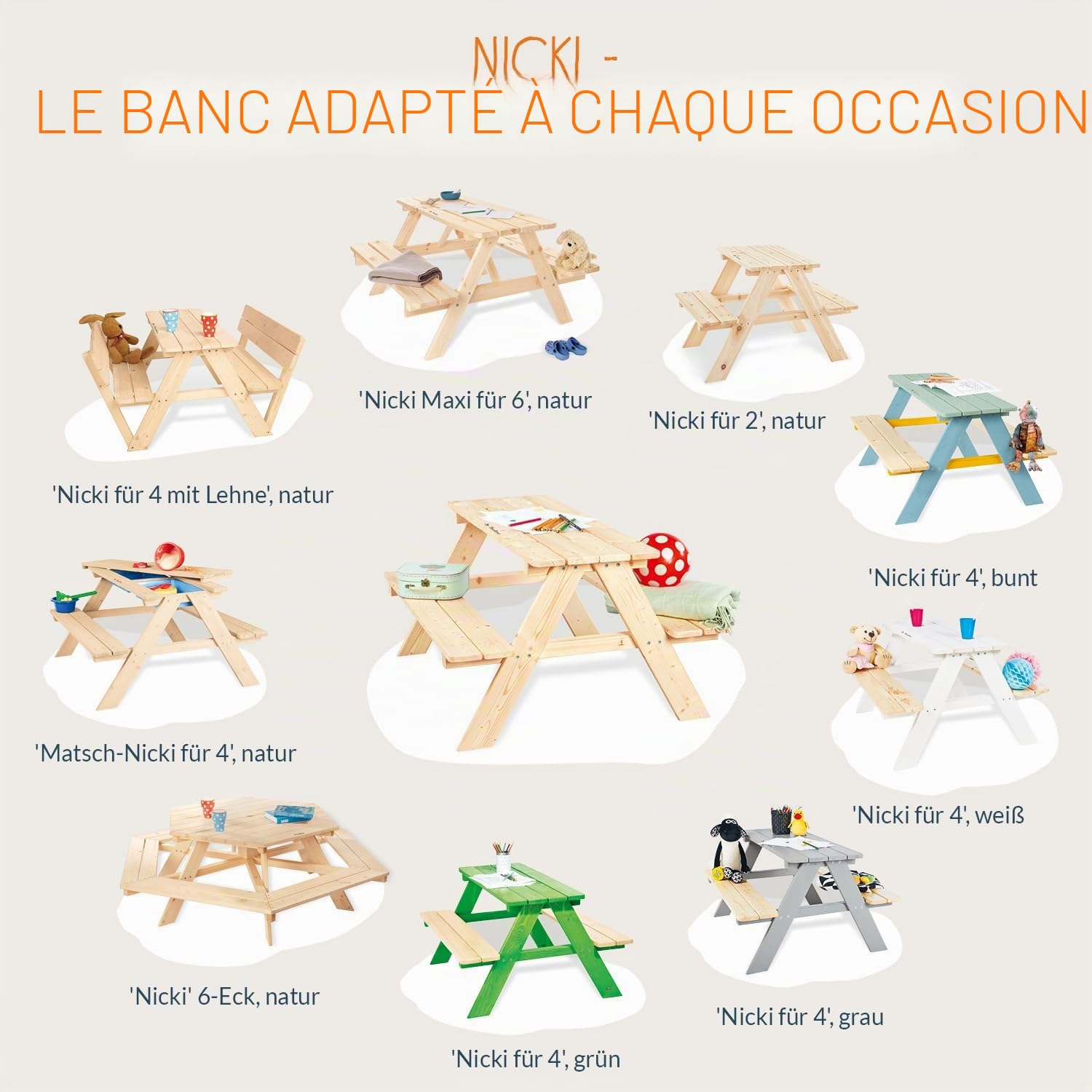 Pinolino Table et bancs Matsch-Nicki pour 4 Naturel Bois de conifère Non traité 2 bancs 1 Table 2 bacs Plastique Enfants 2 Ans