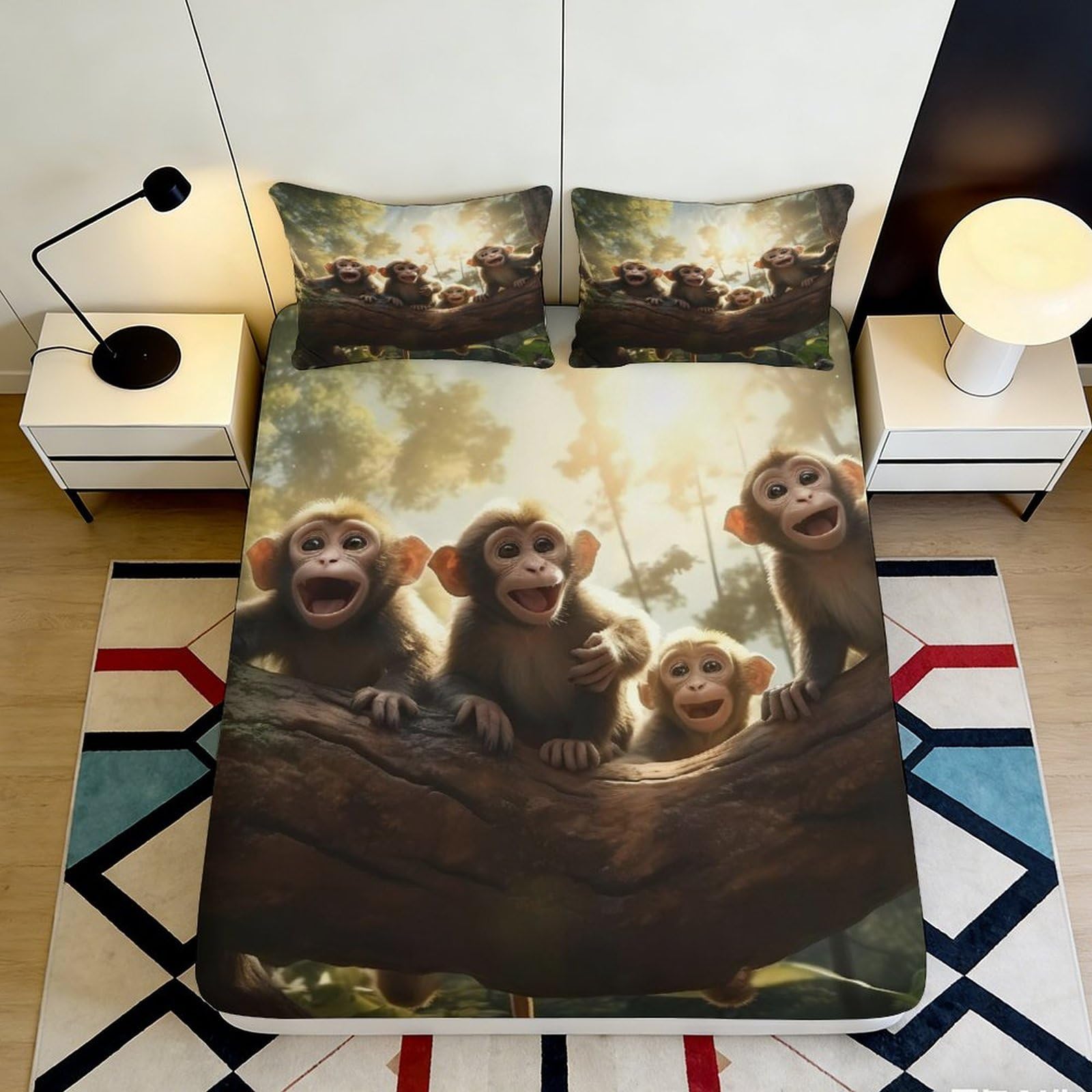 3D Printed Monkey Forest Fitted Sheet Microfiber Soft Durable Jungle Animal Bed Cover for Bedroom Guest Room Decor 90x200x25cm