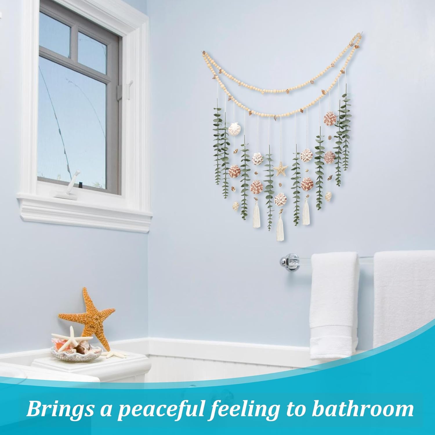 Artificial Eucalyptus Wall Decor with Seashell Coastal Decor Natural Home Decorations Hanging Wooden Bead Garland for Large Bedroom Bathroom Living Room, 32 x 32 Inch