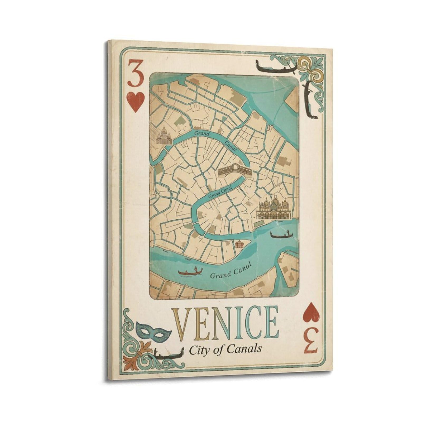 OKNGB Vintage City Map Poster Venice Grand Canal Italy Playing Card Style Decorative Painting Canvas Art Picture 20x30inch(50x75cm)