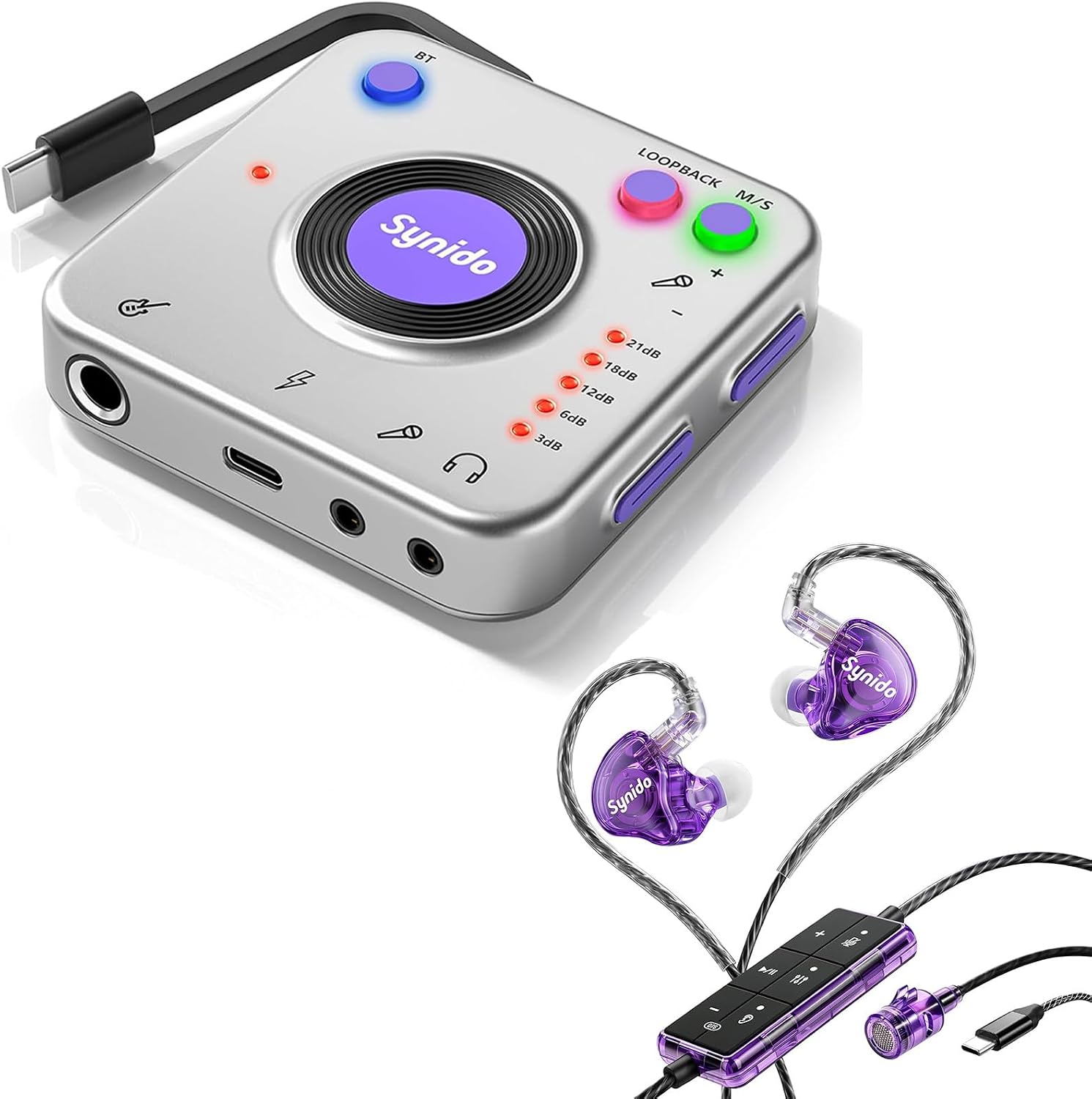 Sound Card Karaoke Headset with Mic, in-Ear Monitor Livestreaming Headphone and Synido Portable Guitar Audio Interface, 24-bit/96kHZ Audio Adapter with USB-C