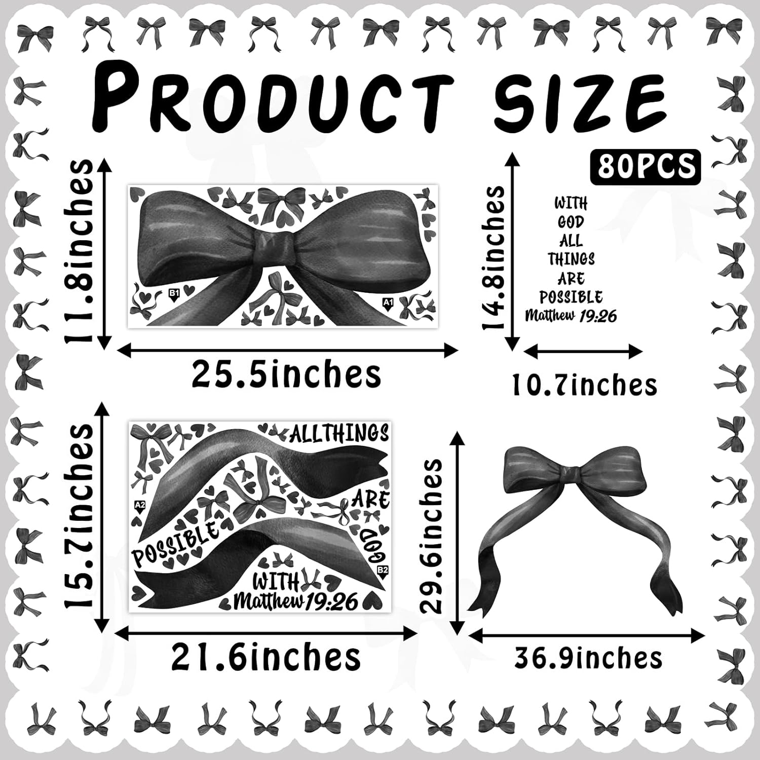 Large Black Bow Wall Stickers Watercolor Bowtie Wall Art Decor for Teen Girls Room Bows Bridal Shower Party Decals for Backdrop Peel and Stick Coquette Inspirational Decal Art Vinyl Mural for Bedroom