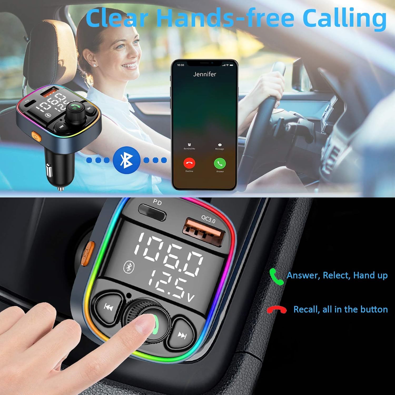 Bluetooth FM Transmitter for Car,Radio AUX Adapter with Dual Screen Display&7 Color Backlit, Music Player Kit with Handsfree Calling, QC3.0 & PD Ports Charger, Support TF Card USB Flash Drive : Electronics