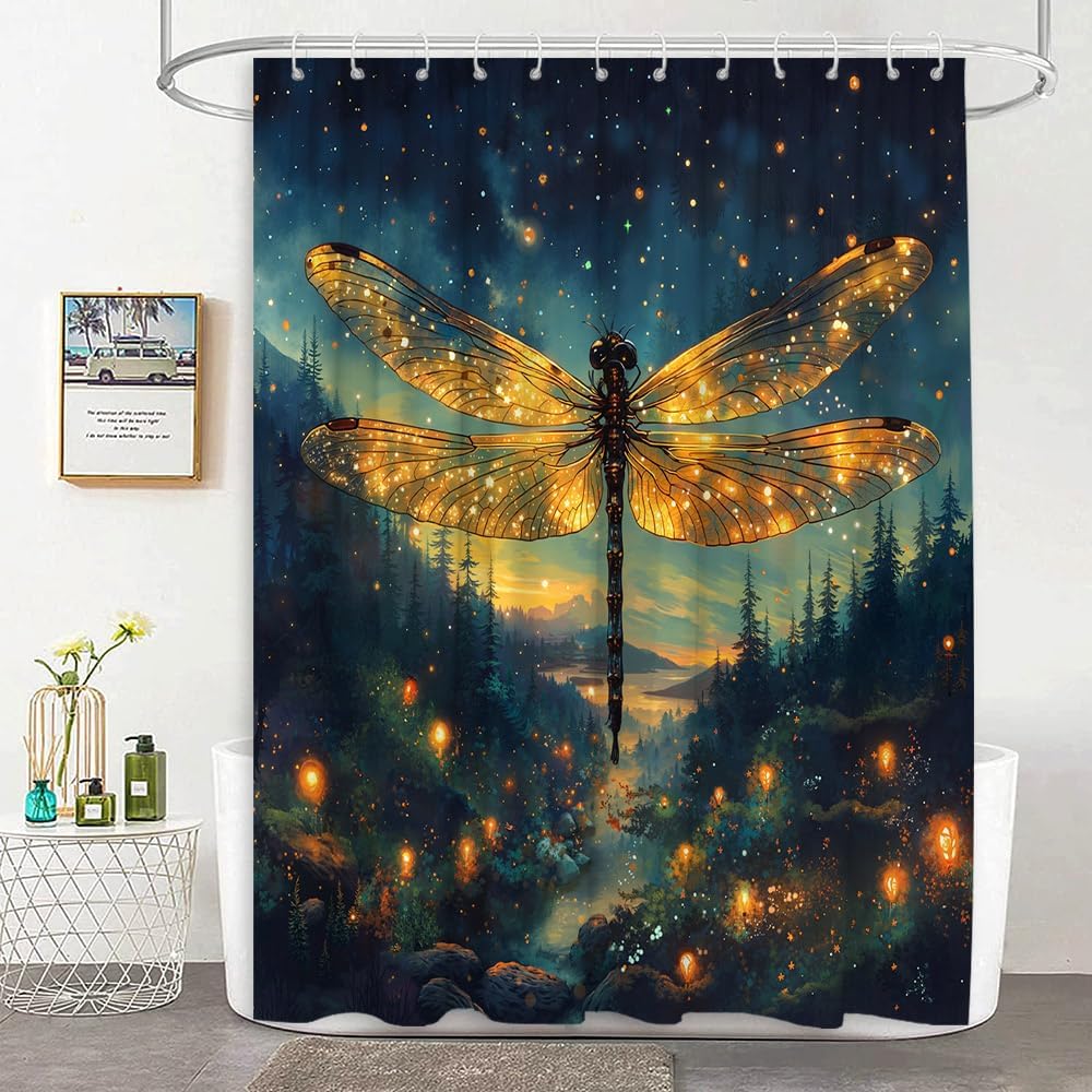 Dragonfly Shower Curtain Fantasy Forest Wonderland Fabric Bathroom Decor Curtain with Hooks, 90Wx70H