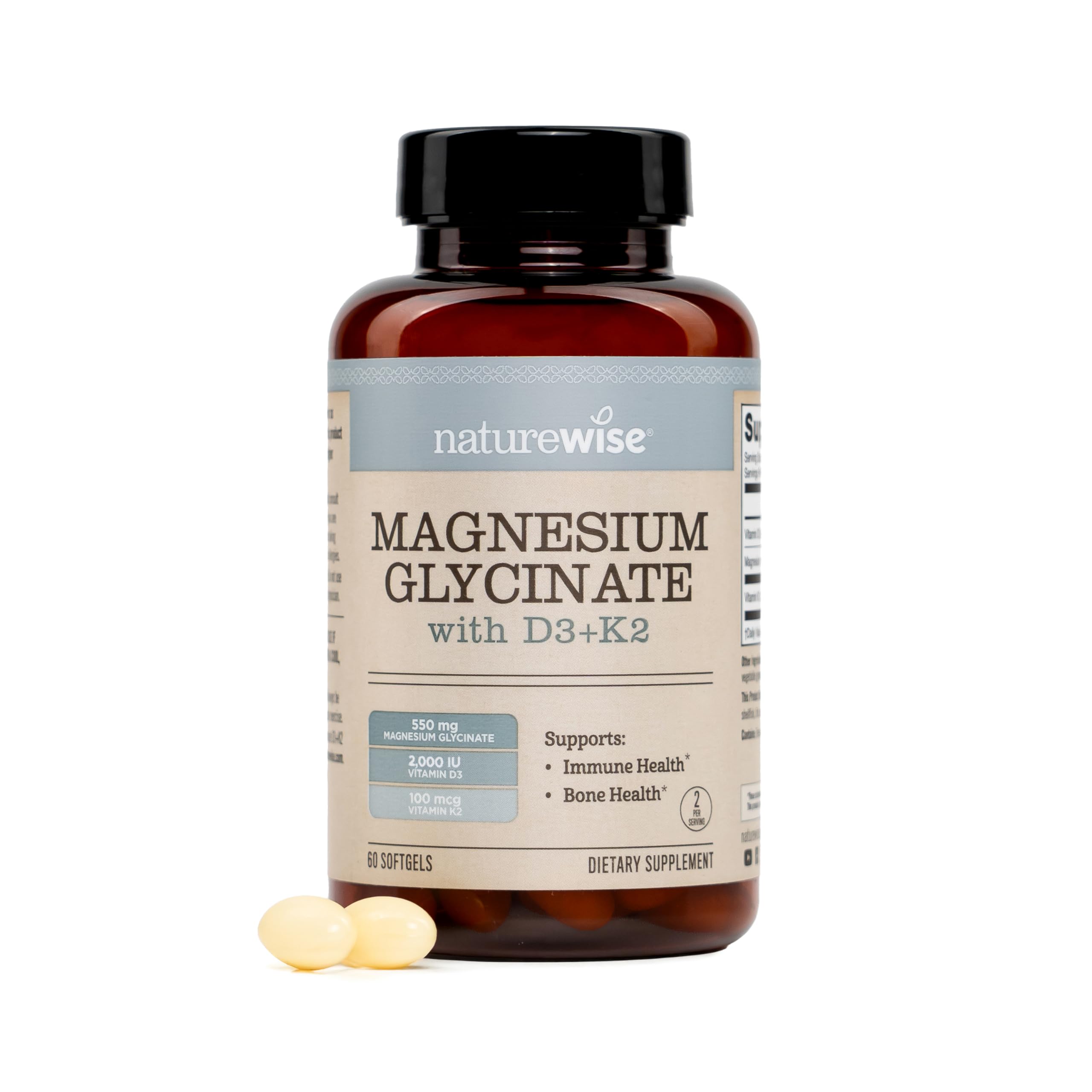 NatureWise Magnesium Glycinate 550mg + 2000 IU Vitamin D3 K2 100 mcg - D3 K2 Magnesium Supplement - Chelated for High Absorption - Bone Support - Non-GMO, USA Manufactured - [30-Day Supply] 2000IU 60 Count (Pack of 1)
