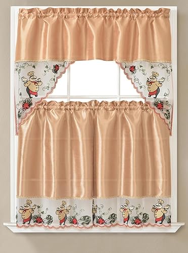 Miniatura 9 de YHSF Set de cortinas de cocina de 3 piezas con cenefa - Juego de cortinas de ventana de 2 niveles y cenefa con diseño de bolsillo para barra,