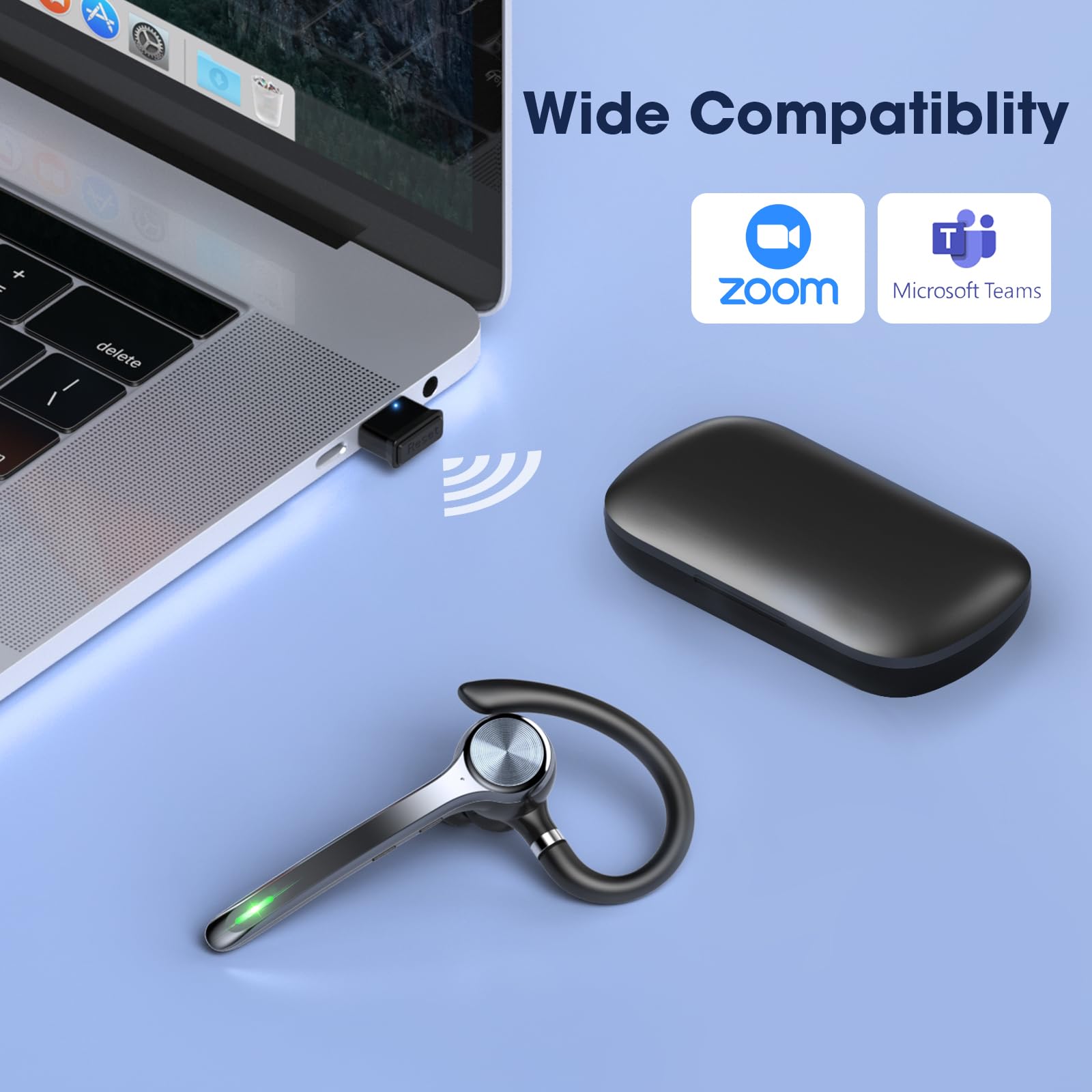 Ngsod Bluetooth Headset, Wireless Earpiece with Upgrade Noise Canceling Mic,500mAh Charging Case Support 72H Talking Time,Hand-Free Headphones with Mute Button for Computer Cell Phones Trucker Work — view 7