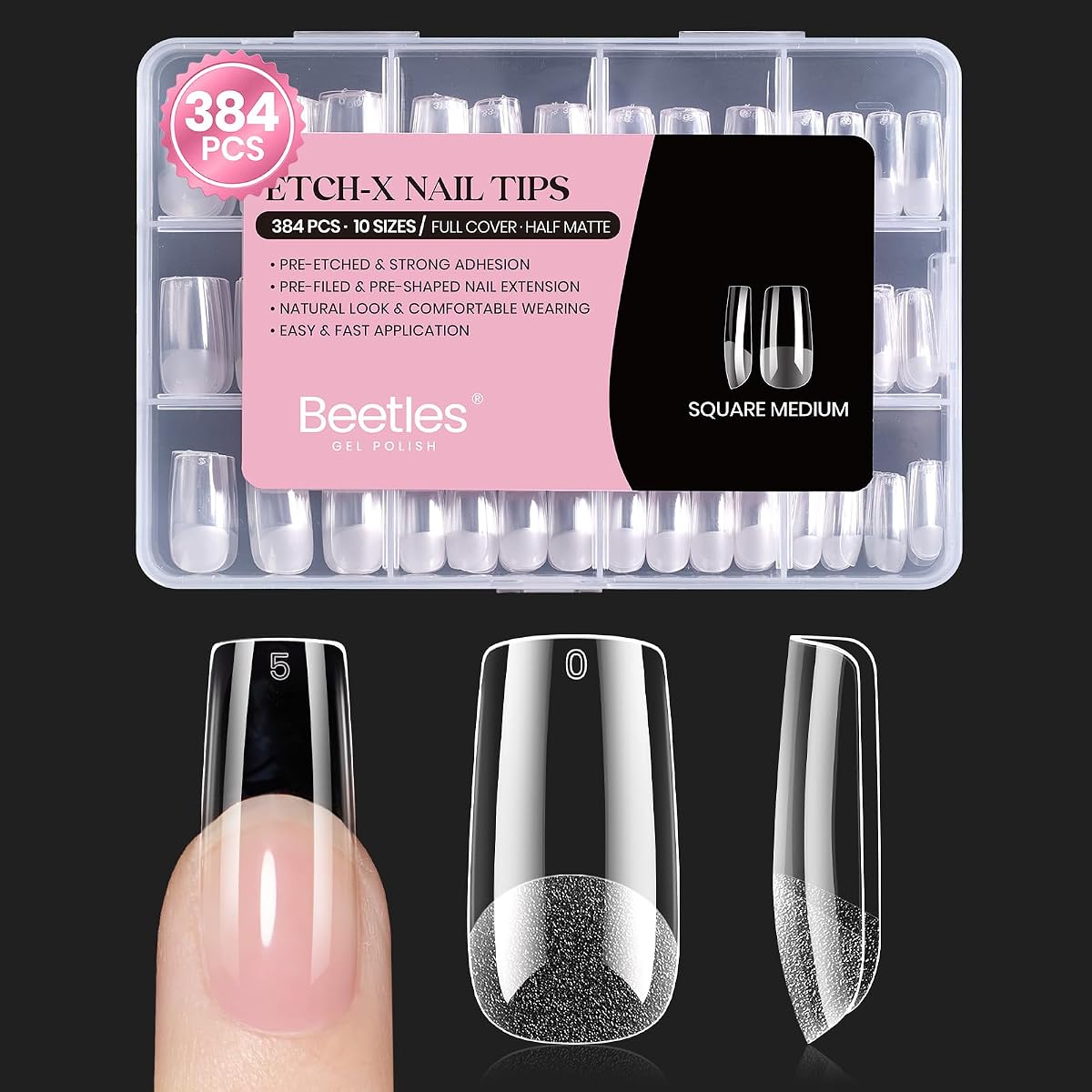 Puntas de uñas de gel Beetles Etch-X- Square Medium, 384 piezas 10 tamaños pregrabadas | Puntas de uñas de Gel suave de cubierta completa medio mate, extensión de uñas postizas acrílicas, arte de salón de bricolaje fácil